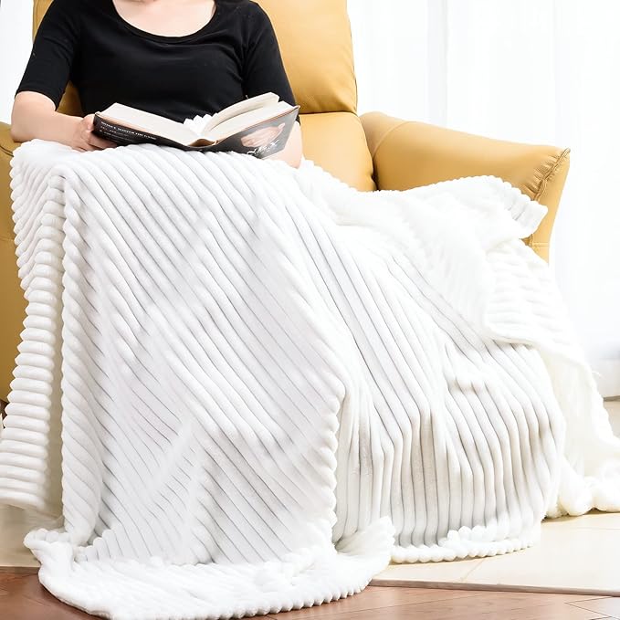 Vessia Flannel Fleece White Throw Blanket(50X70 Inch), Lightweight Warm and Soft Stripe Couch Blanket, Bed Blanket, Cozy Comfy Microfiber Ribbed Sofa Decor for All Season