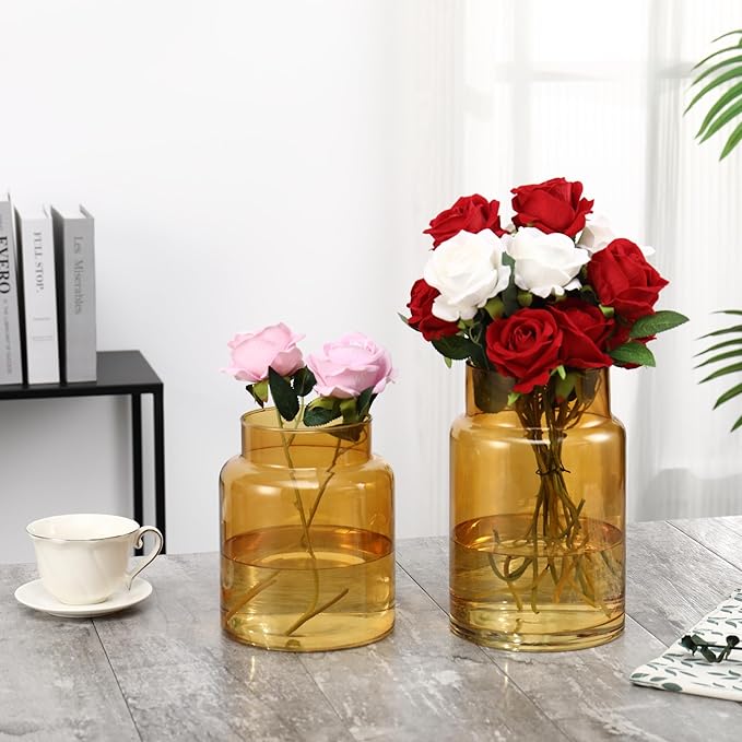Large Glass Vase, Amber Glass Vase Set of 2, Large Flower Vases for Bouquet, Tall Wide Mouth Vases for Flowers, Home, Wedding, Living Room, Office Decor, 7"+9"