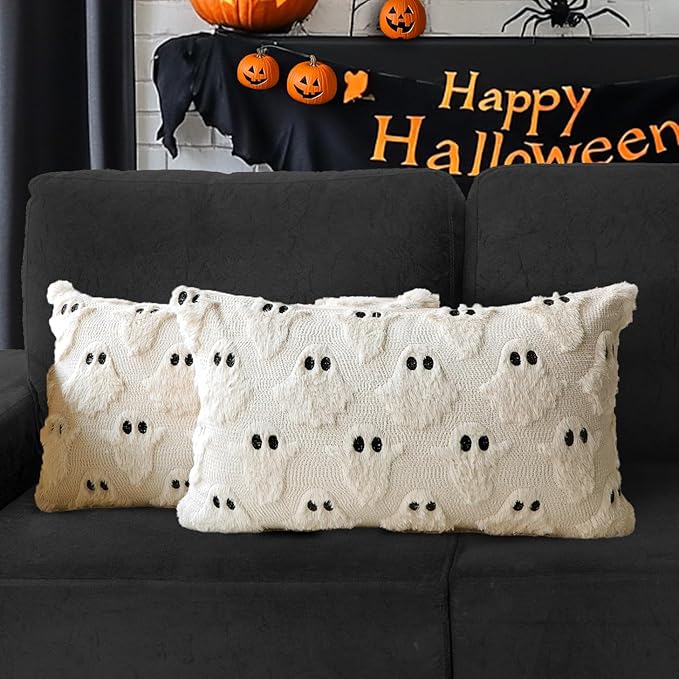 4TH Emotion Halloween Ghost Decorative Lumbar Pillow Covers 12x20 Set of 2, Beige Soft Plush Faux Fur Farmhouse Throw Cushion Cases for Fall Autumn Holiday Home Decorations