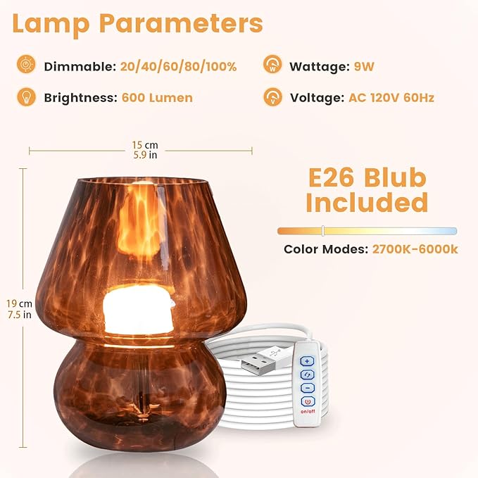 USB Plug-in Vintage Mushroom Lamp Small Bedside Table Lamp with 3 Temperature LED Bulb,Free Dimming Nights Light for Bedroom/Living Room/Entryway/Corner Decor New Home Gift (Golden Amber)