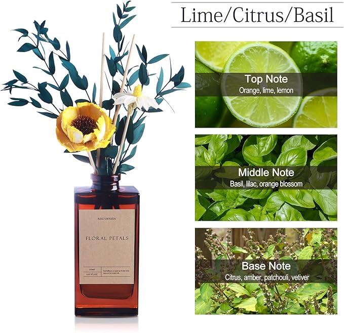 Reed Diffuser Set - Lime Citrus Basil Essential Oil, 5.07oz/150ml Sweet Fruity Aroma Oils Scents with Dry Flower Decoration, Home Fragrance for Large Room Bathroom Office Shelf Decor