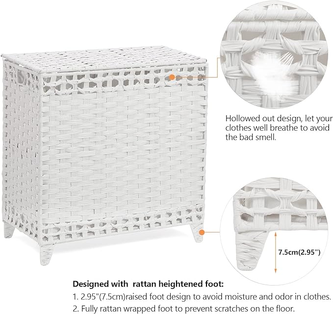 Laundry Hamper with 3 Removable Liner Bags; 132L Handwoven Rattan Laundry Basket with Lid & Heightened Feet; Clothes Hamper with Side Handles; Laundry Sorter with 3 Separate Sections (White)