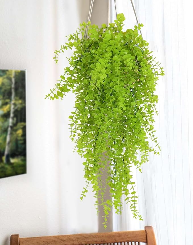 Fake Hanging Plants Faux Vine Leaves Artificial Green Eucalyptus Plants Fake Hanging Eucalyptus Leaf Plant Decorate Indoors Outdoors Decor of Living Room Kitchen Yard Garden Bedroom Wall(Light Green)