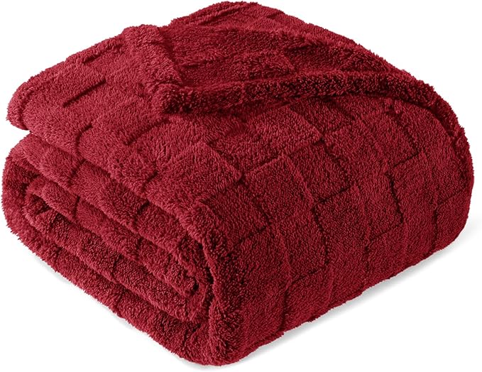 Exclusivo Mezcla Queen Size Flannel Fleece Blanket, Super Soft and Warm Lightweight Checkered Pattern Blankets for All Seasons, 90x90 Inches, Deep Red