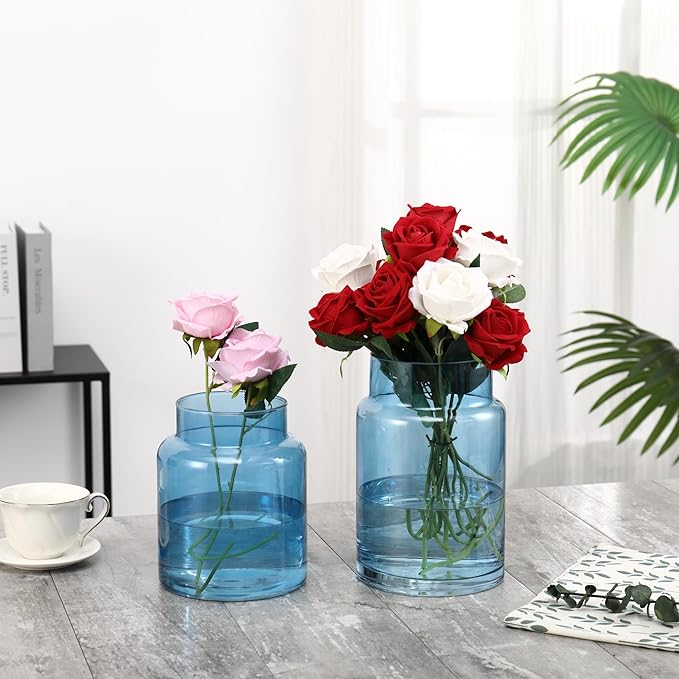 Large Glass Vase, Blue Glass Vase Set of 2, Large Flower Vases for Bouquet, Tall Wide Mouth Vases for Flowers, Home, Wedding, Living Room, Office Decor, 7"+9"