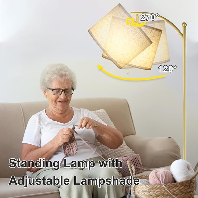 Floor Lamp for Living Room, Dimmable Standing Lamp Tall with Linen Shade Modern Floor Lamps Foot-Step Switch Reading Lamp for Living Room Bedroom Office Dining Room, 9W Bulb Included (Gold)