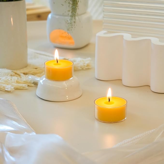 12 Unscented Natural Soy Tealight Candles in Clear Cups, 5H Long Clean Burning, Hand-Poured Yellow Mini Tea Candle Set for Parties, Spa, Meditation, Gift, Holiday, Emergency, Home Decor