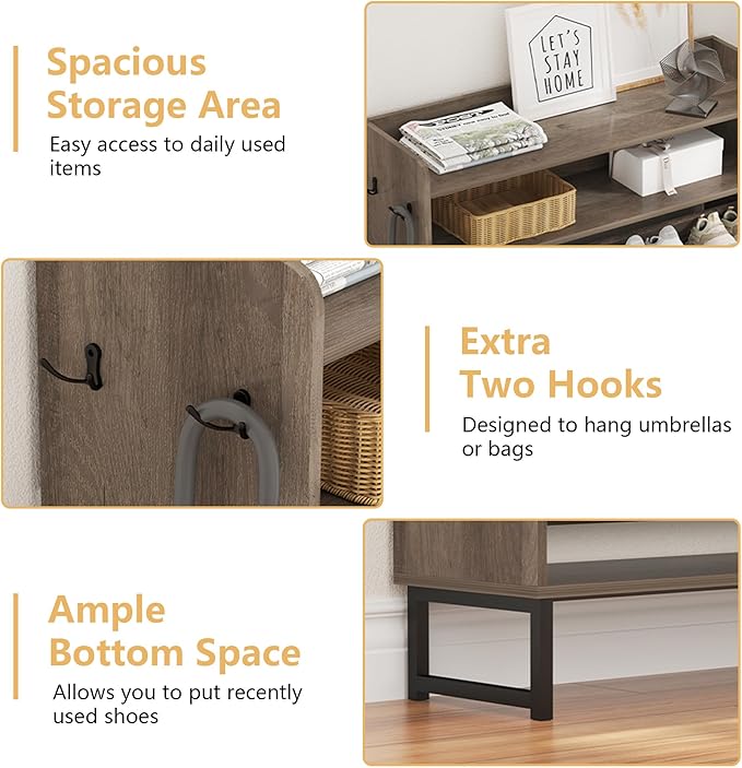 Shoe Cabinet with 2 Flip Drawers, Freestanding Hidden Shoe Storage Organizer for Entryway, Narrow Slim Shoe Rack Cabinet with Open Storage & Hooks for Front Door Entrance, Living Room, Hallway, Grey