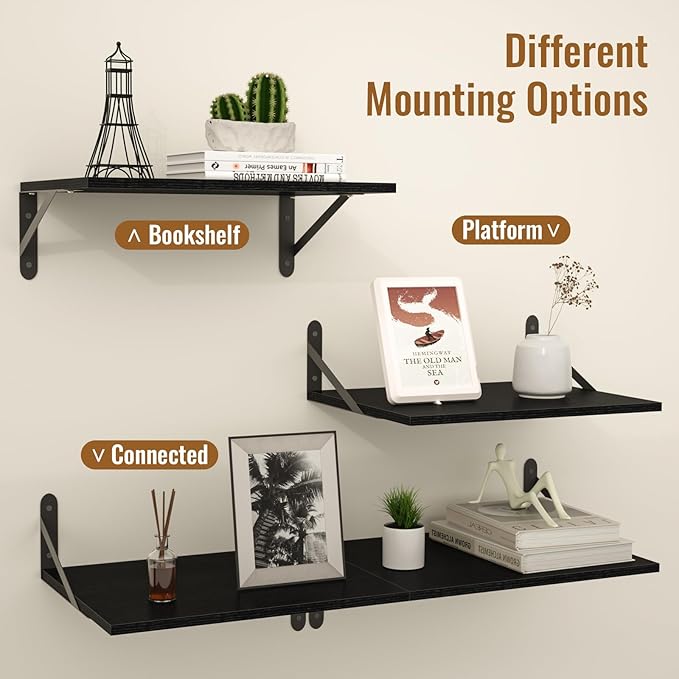 Black Deep Floating Shelves for Wall, 16" W x 12" D Wood Wall Shelf Set of 2, Bookshelf Wall Mounted Hanging Shelves for Living Room, Kitchen, Office, Bathroom and Bedroom Decor