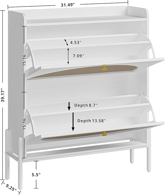 IRONCK Shoe Cabinet Storage with 2 Flip Drawers, Free Standing Wooden Shoe Storage Organizer Cabinet with Rattan Doors for Entryway, Narrow Shoe Rack Cabinet, White