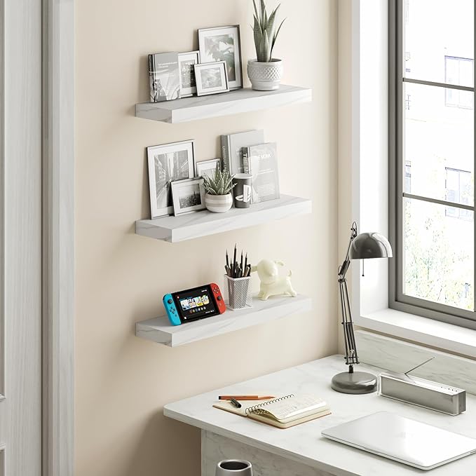 BAMEOS Floating Shelf,Wall Shelf,Decor Wall Mounted Shelves,Hanging Shelf Set of 3,L24xW6 for Bathroom Kitchen Living,Kitchen,Room Bedroom Storage,Jazz White