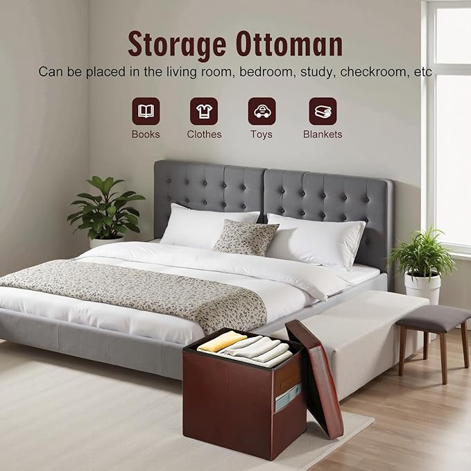 Ottoman with Storage, Folding Foot Rest Stool with Thicker Foam Padded Seat. Slim Tall Storage Ottoman Furniture with Handles & Side Pocket for Living Room Bedroom 350 lbs, 17x13x17in, Light Brown