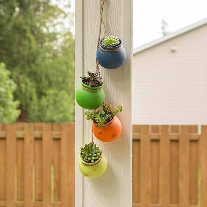 Zingz & Thingz Color Terracotta Planter Collection 4-Piece Dangling Hanging Mini Pots, 3.75x3.75x23, Fiesta Bright Colors