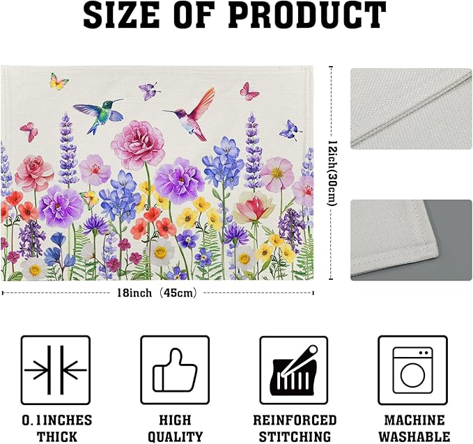 Giwawa Hummingbird Flower Placemats Set of 4, 12"x18" Watercolor Spring Herb Floral Table Mats, Wildflower Botanical Stain Resistant Washable Linen Place Mat for Kitchen Dining Party Decor