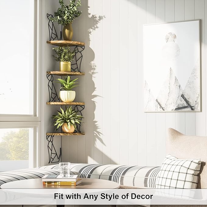 Alsonerbay Corner Shelf Wall Mount, 4 Tier Floating Shelves for Wall Storage, Rustic Wood Shelves for Bedroom, Living Room, Bathroom, Entryway, Garage (Dog Shaped)