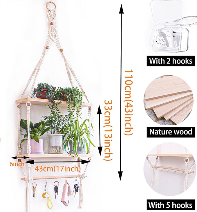 Wall Hanging Shelves Macrame Boho Floating Plant Photos Storage Rack Wood Shelf with Hooks for Bedroom Living Room Bathroom (2tier Shelves)