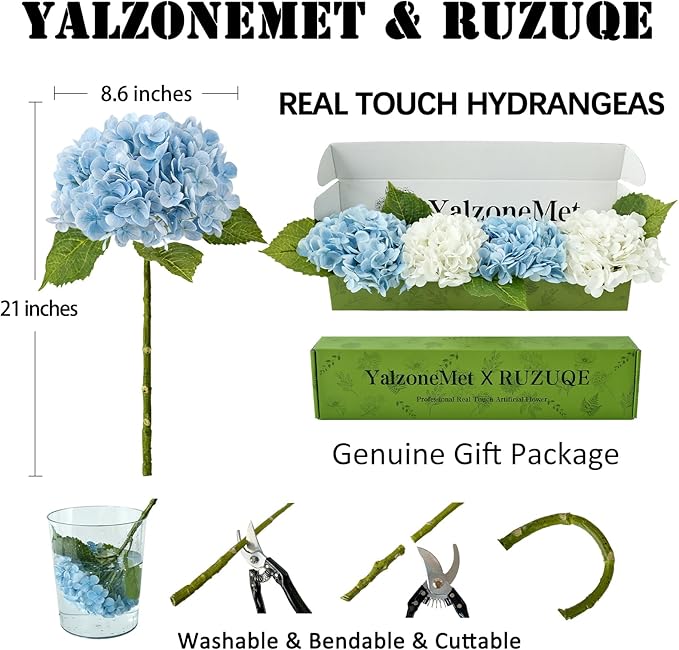 YalzoneMet Hydrangea Artificial Flowers 4 Pcs 2 White 2 Light Blue 21 inch Long Rod Real Touch Lifelike Fake Latex Hydrangea for Home Party Outdoor Wedding Gifts Christmas Decor Table Centerpiece