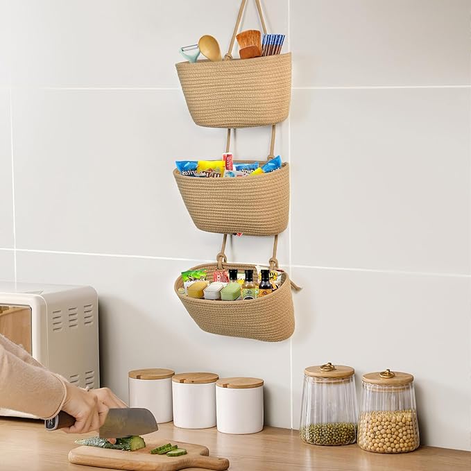 DULLEMELO Wall Baskets for Storage, 3-Tier Woven Cotton Hanging Baskets for Organizing, Jute Wall Hanging Baskets with Door Hooks, Over The Door Basket