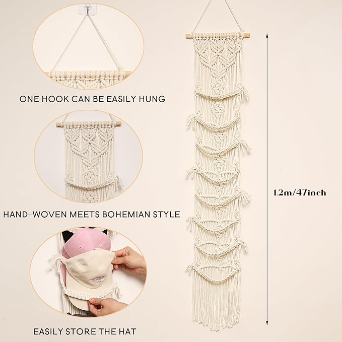Baseball Cap Storage Over Door-1 Pack-Boho Macrame Cap Holder Wall Hat Organizer for Baseball Cap Holder, Hat Rack for Wall Hanging Hat Holder for Bohemian Bedroom Decor