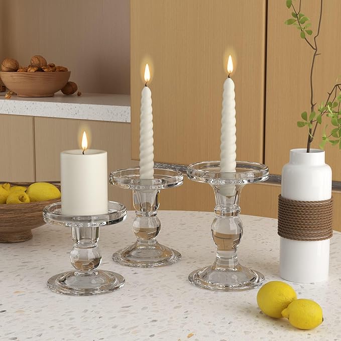 Clear Glass Candle Holders for Taper Candles 1 Pack (Total 3 Pcs), Pillar Candles Tealight Candle Holder for Wedding, Dinning and Decoration-Fit 0.9" to 2.8" Premium Multipurpose Candles