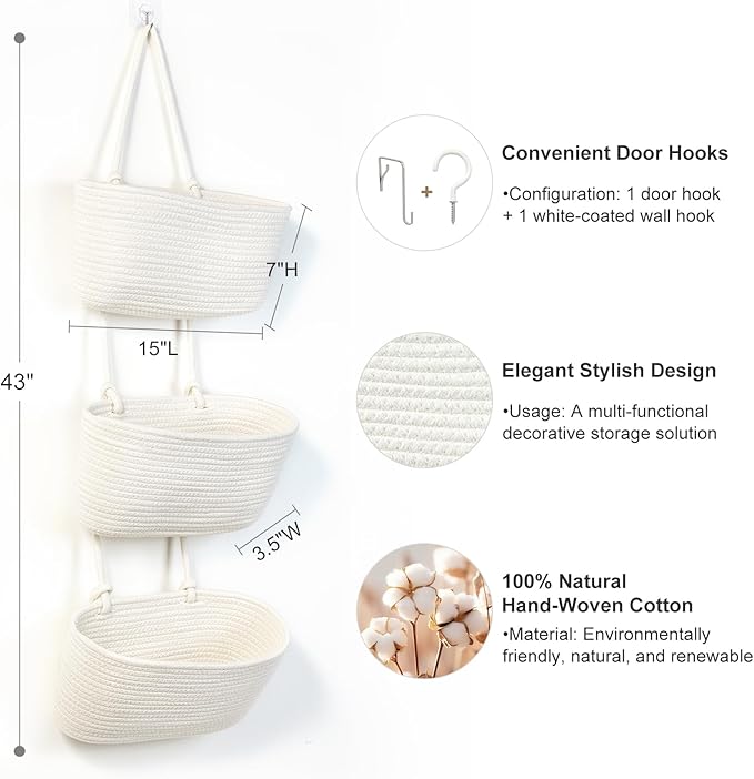 DULLEMELO Hanging Wall Baskets for Decor, 3-Tier Hanging Basket Organizer for Kitchen, White Woven Storage Basket with Door Hooks for Toy Storage