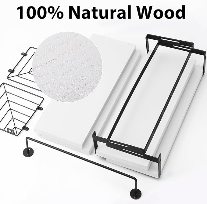 Fixwal Wall Mounted Bathroom Shelves Over Toilet, Rustic Wood Floating Shelves with Metal Frame and Towel Bar for Bathroom, Kitchen, Bedroom, Living Room (White)