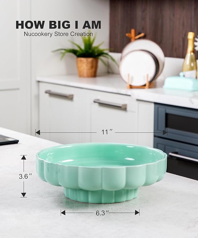 Nucookery Ceramic Petal Fruit Bowl for Kitchen Counter, 11 Inch Modern Decorative Bowl, Elegant Fruit & Vegetable Storage Container, Large Bread Basket, Mint Green