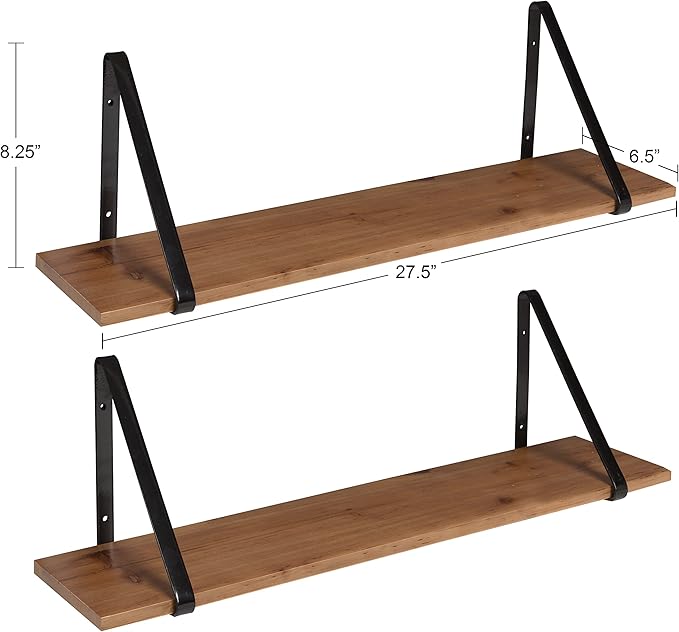 Kate and Laurel Soloman Wooden Shelves with Simple Metal Brackets, Rustic Brown and Black, 2 Piece Set