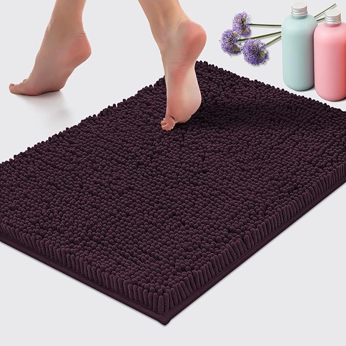 LuxUrux Bathroom Rugs Sets 2 Piece - Plush Bath Mat Set Quick-Dry Soft Chenille Bathroom Mat with Rubber Backing, Absorbant Bathroom Rug Set, Washable.(17 x 24, Plum)