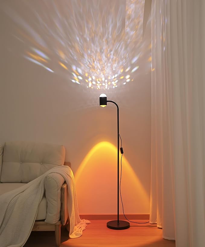 Sunset projection floor lamp with 3D waves, dual head sunset lamp with creative DIY mode, multiple colors and interchangeable background mode, 360 ° rotating atmosphere, sunset mood floor light