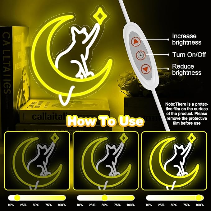 Moon Cat Neon Sign for Wall Decor,Dimmable Cute Cat with Star Neon Light,Yellow White Animal Light Up Signs for Bedroom Party Bar Background Decoration