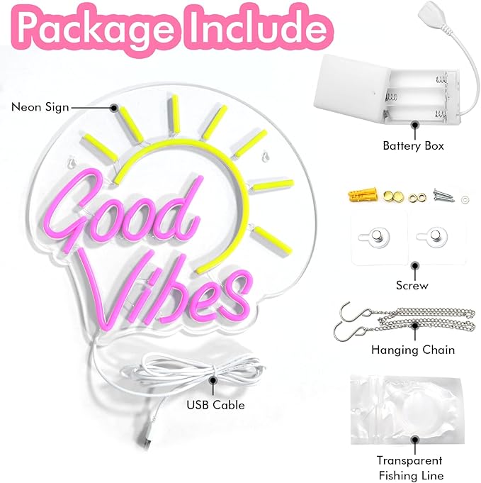 Good Vibes Neon Sign, Battery or Usb Powered Neon Signs for Wall Decor, Adjustable Brightness Good Vibes Signs(12.8 x 11.8 inches)