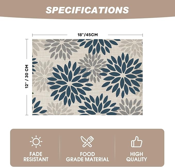 Artoid Mode Floral Vinyl Placemats Set of 4, Heat Resistant Washable Non-Slip Plastic PVC Place Mats for Party Kitchen Dining Decor, Blue Grey
