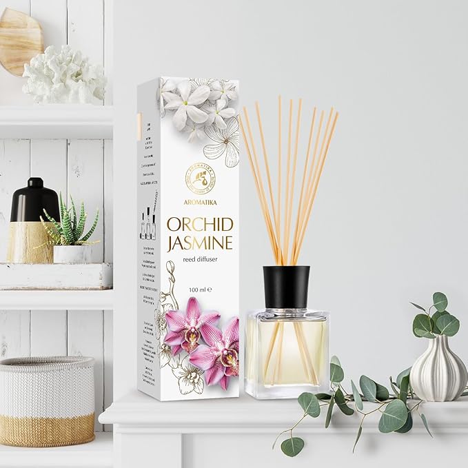 Reed Diffuser Orchid-Jasmine 3.4 Fl Oz - Fresh & Long Lasting Fragrance - Gift Set with 10 Bamboo Sticks - Good for Aromatherapy - Spa - Home - Kitchen - Bath - Office