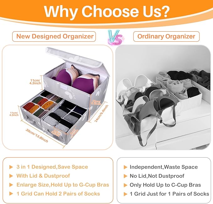Sock Underwear Drawer Divider - Closet Organizers and Dresser Organizer Wardrobe Clothes Box Storage Bins with Lid for Bra, Leggings, Shirt, Panty (1 Pack, Grey)
