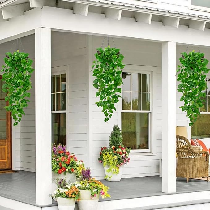 BLEUM CADE 1Pcs Fake Hanging Plants, 9 Branch Artificial Hanging Plant, Lush Faux Pothos Vines for Home Room Wall Shelf Porch Outdoor Indoor Decor (No Baskets)