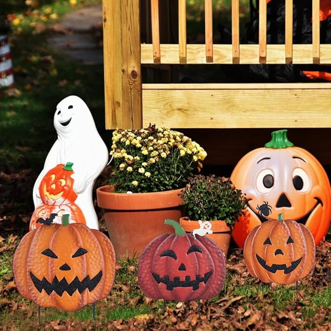 Hogardeck Halloween Decorations: 34" Garden Stakes with 3 Pumpkins & Jack O Lantern Metal Yard Signs for Lawn, Patio & Party