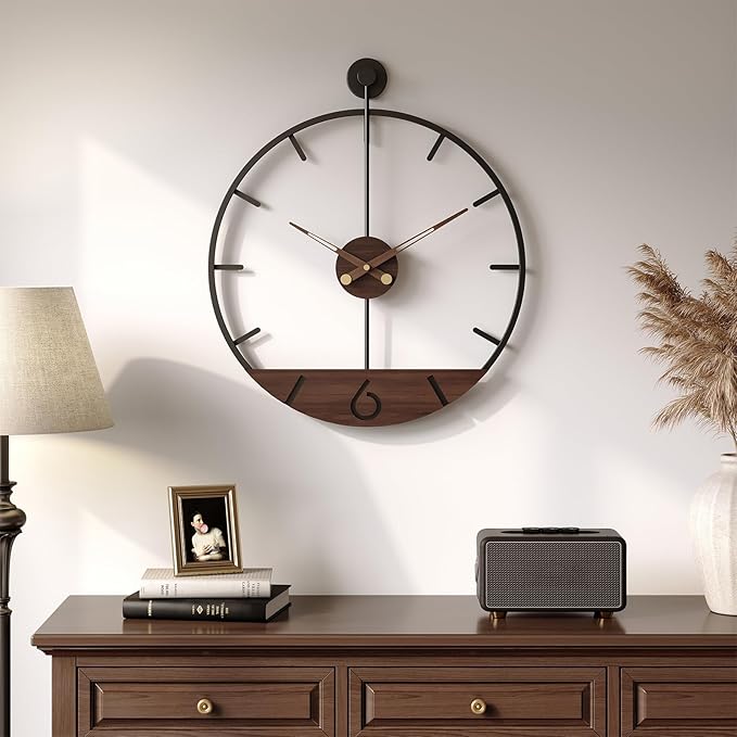 16 Inch Modern Wall Clock with Walnut Wood Dial, Silent Non-Ticking Battery Operated Metal Frame Clock Decorative for Living Room, Kitchen, Office, or Bedroom Wall Decor, Black and Brown