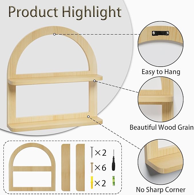 2 Tier Pine Wood Arched Wall Shelf - Fan-shaped Nursery Floating Shelf for Neutral Decor, Boho Storage Solution