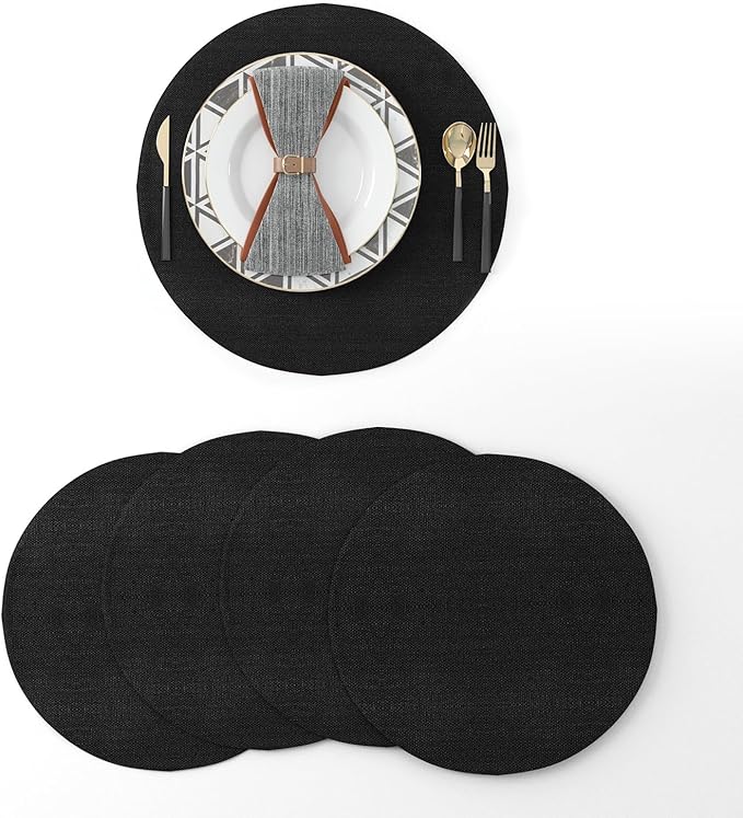 Set of 4 Round Placemat 15 Inch Soft Linen eco-Friendly Fabric Handcrafted Machine Washable Indoor & Outdoor Tablemat Black