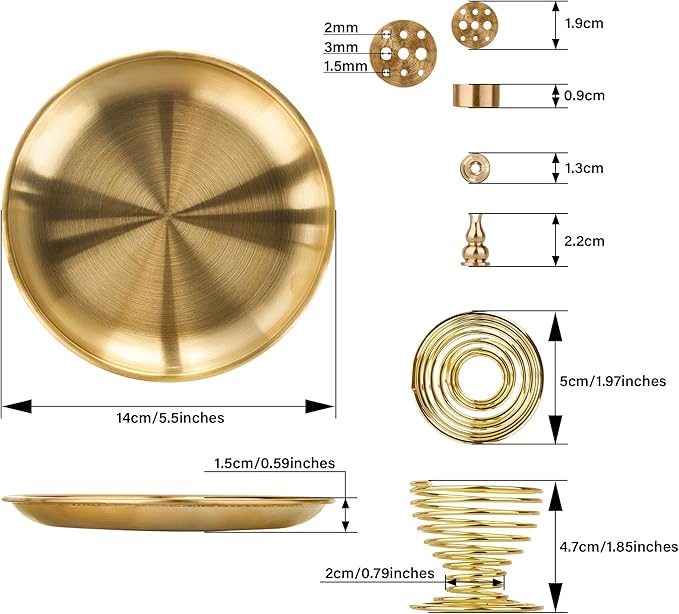 ZenBless 5 in 1 Incense Burner, Palo Santo Holder, Sage Holder, Incense Holder for Incense Sticks/Coil Incense/Incense Cones, 5.5 inches Brass Ash Catcher for Meditation Yoga Room (Gold_2pcs)