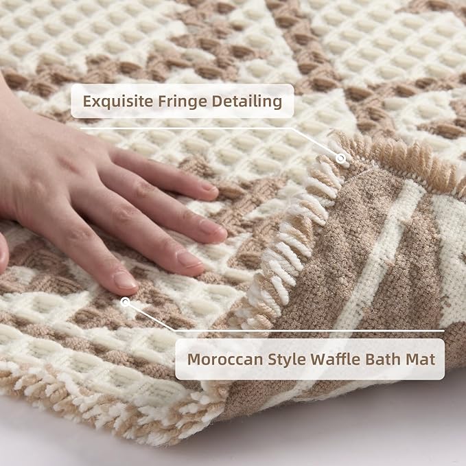 PADOOR-Waffle Bathroom Runner 24"x48", Super Absorbent Bath Mats for Bathroom, Machine Washable Non Slip Bath Rug with Tassels, Soft Bath Mat for Laundry Room, Bedroom, Cream & Brown, 2'x 4'