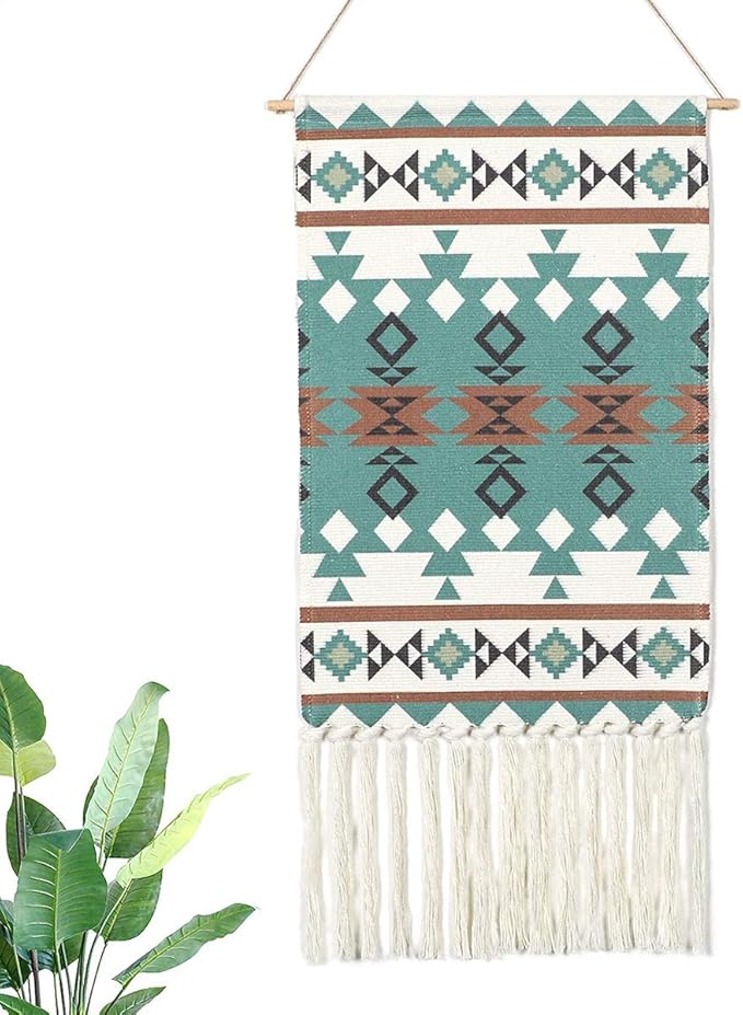 Dremisland Macrame Woven Wall Hanging Tapestry- Boho Chic Bohemian Home Decor Geometric Art Decor Boho Backdrop - Beautiful Apartment Dorm Room Door Decoration, 17.7" W x 32" L (Green Geometric)