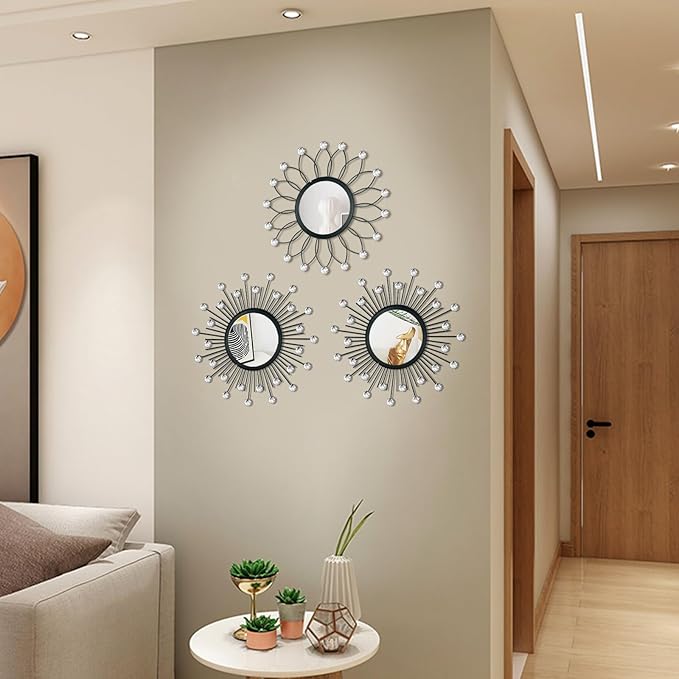 3 Pack Metal Mirrors for Wall Sunburst Wall Mirrors Home Décor Decorative Hanging Wall Art for Living Room Bedroom Entryway (Black Crystal, Flower+Sunburst)