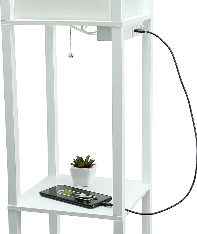 Simple Designs LF1037-WHT Floor Lamp Etagere Organizer Storage Shelf with 2 USB Charging Ports, 1 Charging Outlet and Linen Shade, White