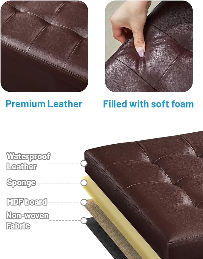Storage Ottoman Foot Rest Stool, Small Leather Storage Ottomans Bench, Folding Foot Stool with Handles Lid, Foot Rest Under Desk for Living Room Bedroom, 17x13x13 in, Brown