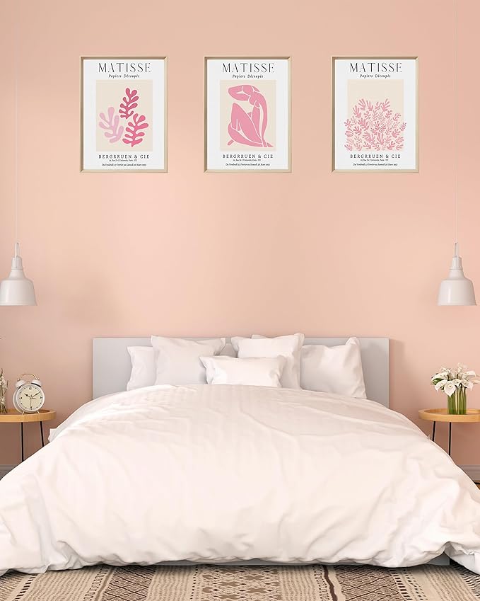 Framed Matisse Pink Canvas Wall Art,Abstract Matisse Canvas Wall Decor,16x12IN High Framed Wood Design Prints,Minimalist Wood Frame Posters for Living Room,Bedroom,Bathroom Set of 3
