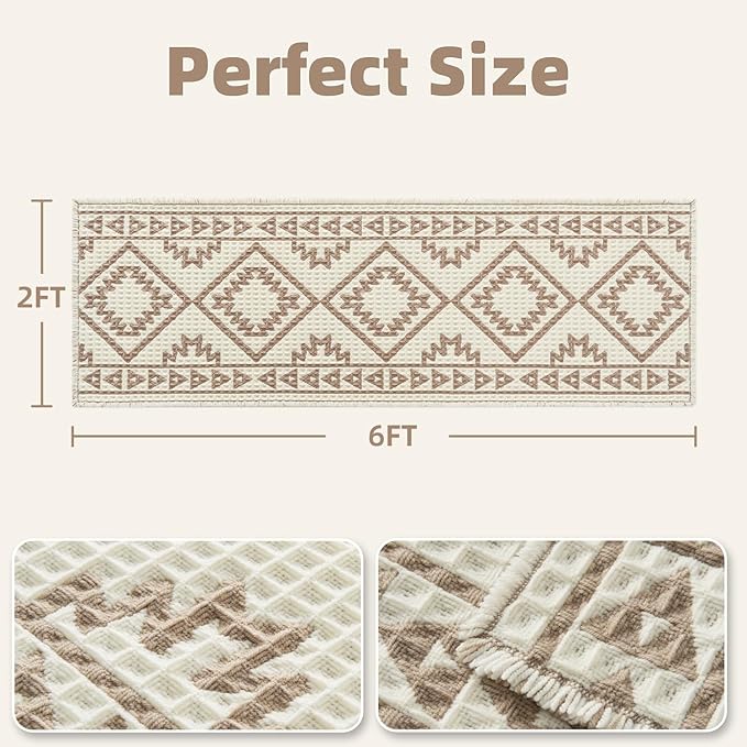 PADOOR-Waffle Bathroom Runner 24"x72", Super Absorbent Bath Mats for Bathroom, Machine Washable Non Slip Bath Rug with Tassels, Soft Bath Mat for Laundry Room, Bedroom, Cream & Brown, 2'x 6'