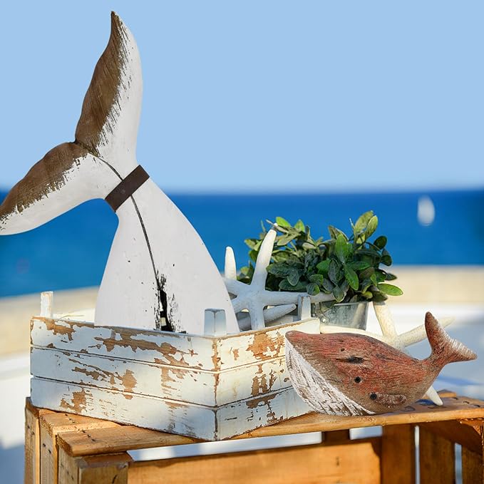K KILIPES Wood Whale Statue Beach Table Decor for Home, 3.35" H Rustic Hand Carved Wood Sculpture Whale Figurine Coastal Centerpiece Nautical Ocean Decorations