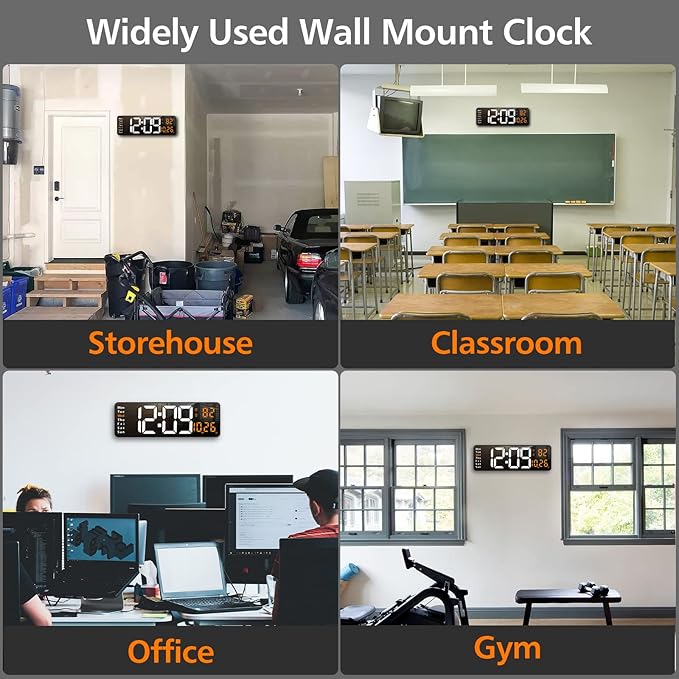 Zgrmbo 16" Large Digital Wall Clock with Remote, Large Display LED Wall Clock for Living Room/Gym/Shop/Warehouse/Office Decor, 12/24H, Auto Dimming, Timer